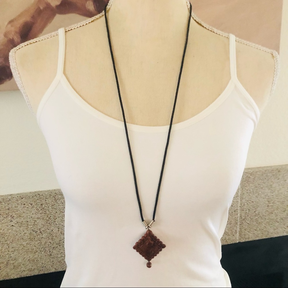 Boho wood look medallion on braided cord necklace